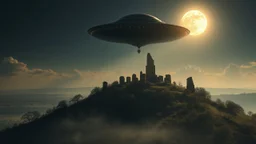 spectacular flying saucer over Glastonbury Tor, exquisite composition, beautiful detailed intricate detailed octane render, 8k artistic photography, photorealistic, perfect light, chiaroscuro, award-winning photograph, masterpiece