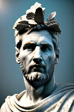 Ultra Realistic image, Roman sculpture, white marble material, Lionel Messi, Laurel leaves wreath, gold ornaments, chisel style, waist up portrait, epic, celestial, cinematic lighting, God light, god rays, 4k resolution, smooth details, ornate details, soft lighting, unreal engine 5, blue sky background.