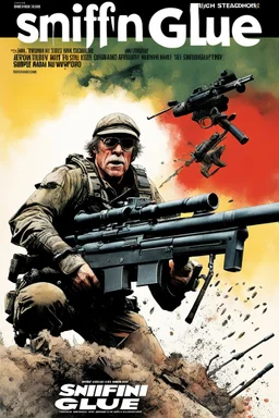 SNIFFIN’ GLUE magazine high res photo cover by Ralph Steadman: special issue #42 on sniper action and weaponry. guest star: Anthony Swofford, Jarhead and Rambo.