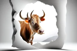 white,background,looking,through,a 3-d, broken,window,with,sharp,edges hole,watching,a,highland cow