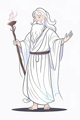 Disney style, white hair, white skin, white beard, coloring book, minimalism, simple lines, white background, STICKER, WHOLE BODY, A CUTE man with staff in his hand, long white beard, flowing hair, and long tunic, sandals, open arms, A detailed illustration, in the style of Studio Ghibli, 3D vector art, cute and quirky, fantasy art, Adobe Illustrator, hand-drawn, low-