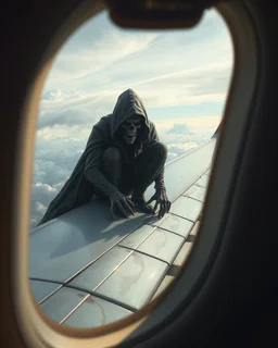 Bosch painting style ,nightmare, Scary hooded creature sitting on the wing of an airplane as seen from the airplane window