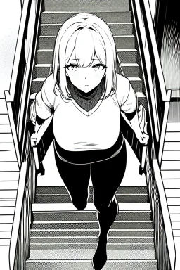 girl runs on the stairs, greyscale