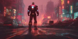 iron man right side, full boy, A professional night photo of a far-future cyberpunk city, shanghai, by Alena Aenami and blade runner and akira, trending on Artstation, smooth, sharp focus, higly detailed, crowded