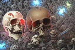 hundreds of non-anatomically correct, dark comic art, graphic novel,human skulls stacked into a wall unusual neon lighting, high velocity, 64k, dystopian, vray, a picture of a dark, comedic, anatomically correct wall of colorful tightly packed skulls of varying sizes and expressions, photo realistic, insanely meticulous, highly detailed, part of a collection of bones on display, 64k, dystopian, vray