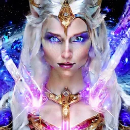 cosmic mage, elf, female, battle mage, epic, cosmic magic, long ears, white hair, face details, pale skin, jewellery, broad shoulders, sharp ears, cosmic clothes, cosmic eyes, ears shown, light out of eyes, the cosmos in eyes, stars in eyes, shining eyes, non human face, thin face, animation, detailed ears, magical eyes, non realistic, closed mouth, bigger make up