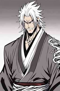 A manga-style portrait of a 35-years old male Shinigami from Bleach, tall and muscular, with wild silver-gray hair, steel-colored eyes, and a scar across his left brow and cheek. He wears a tattered captain's haori of the 11th Division, open kimono revealing a dragon claw tattoo on his chest, and metallic claws on his forearms. He smirks defiantly, standing in a dynamic pose with silver reiatsu swirling around him.
