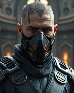 star wars heavily scarred head bald male corellian jedi wearing gunmetal grey and black old republic armored flightsuit and breath mask with gold and metallic red trim inside the jedi temple, centered head and shoulders portrait, hyperdetailed, dynamic lighting, hyperdetailed background, 8k resolution, volumetric lighting, light skin, fully symmetric details