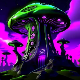 A fantabulous black, purple and green (((mushroom tower house))) erected atop a (geologic pillar), surrounded by the uncanny imaginative ((( swirling skies))), offset by the stark hues of a (neon-tinged nebulous space scape), within. captured by the hand a skilled master painter with a focus on (softly blurred compositions and voluminous lighting).