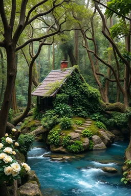 A small caning house among relict trees, tropical forest in some places covered with ivy, beautiful white roses, around blue beautiful river fantasy, photo