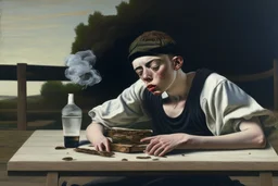 rapper smoking on picnic table by Caravaggio