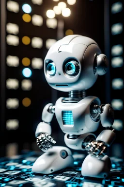 a baby robot with money in the background