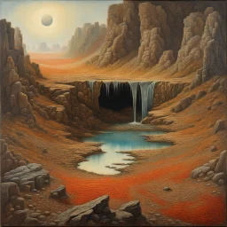 Hyperrealistic creepy landscape, odd, polaroid, Walton Ford, Max Ernst, 3d, sharp focus, noon light, bright colours, high resolution, very detailed, volumetric light, mist, grim, fine art, decaying, textured oil over canvas, very colorful, ornate, bas-relief