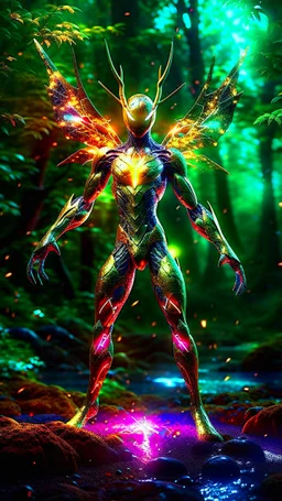 Full body shot, Futuristic Spidey-Man fused Kirin-Gargoyle, Spidey-Man merges perfectly with the mythical Kirin-Gargoyle body shimmering scales, glowing softly, forest clearing, mystical fog, twinkling lights, dreamlike atmosphere, intricate details, Spidey-Man suit Kirin-Gargoyle elements, vibrant greens, golds, crystal, natural light, titanium, side-angle, high resolution, 32k smooth HDR, soft embossed, stunning modern makeup, highly detailed, face, finger, eyes, nose, lips, hairstyle, 128K HD