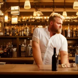 large broad shoulder man wearing a white shirt, big belly, messy blonde hair, standing in a bar, illumination, brilliant coloring, smooth, sharp focus, crispy quality, vray; Artstation; HD, HDR, SF, CGSociety, 16k, photorealistic, unreal engine