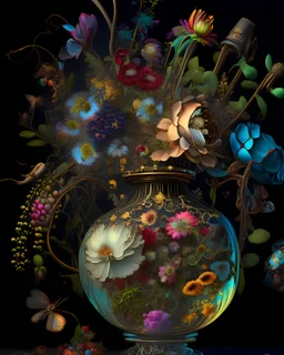 an ultra 8k detailed painting of many different types of steampunk flowers in a steampunk crystal vase by John Constable, Rachel Ruysch, generative art, intricate patterns, colorful, photorealistic