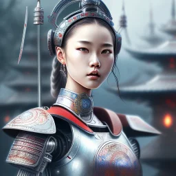 robot samurai girl, sango fantasy, fantasy magic, intricate, sharp focus, illustration, highly detailed, digital painting, concept art, matte, artgerm and paul lewin, masterpiece, mercury armor