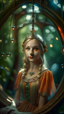 face portrait of elf-quest princess on a swing inside a boat crystal ball hanging from a tree in the mountain, in the style for Richard and Wendy Pini , shot on Hasselblad h6d-400c, zeiss prime lens, bokeh like f/0.8, tilt-shift lens 8k, high detail, smooth render, down-light, unreal engine, prize winning