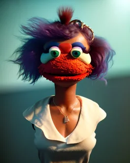 Waist up Portrait, hybrid character, waitress woman with monster muppet mask that covers her entire head, retro style, Sesame Street style, smooth, unreal engine 5, god lights, ray tracing, RTX, lumen lighting, ultra detail, volumetric lighting, 3d.