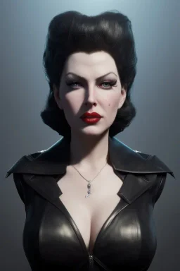 Lana Turner as evil queen in black leather, leather, busty, cleavage, angry, stern look. character design by cory loftis, fenghua zhong, ryohei hase, ismail inceoglu and ruan jia. unreal engine 5, artistic lighting, highly detailed, photorealistic, fantasy