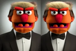 Angry muppet trump in a suit with a spray tan