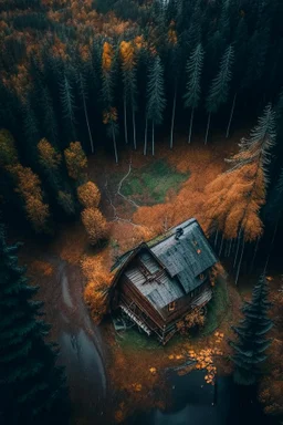 aerial view from wild destination with old cabin into a forest, is autumn and moody rainy day, photography details 4k