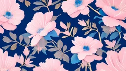 a floral pattern with light pink flowers with big petals and a dark blue background with subtle gold shimmer