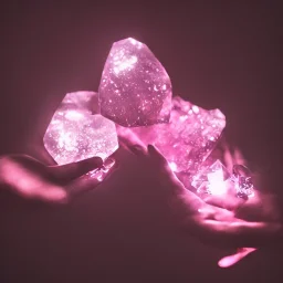 hand holding single pink crystal, dark, glowing, in a foggy cave, cinematic, abstract, water below