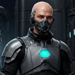 star wars bald male corellian pilot wearing pearlescent black and gunmetal grey First Order special forces heavy assault stealth commando armor and helmet with gold trim inside the jedi temple, hyperdetailed, dynamic lighting, hyperdetailed background, 8k resolution, volumetric lighting, light skin, fully symmetric details