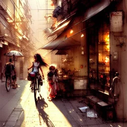 Kawaii Italian street ,Golden hour, book illustration by Jean Baptiste Monge,Jeremy Mann", strong lines, high contrast vibrant colors, highly detailed