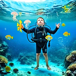 Make a image of a young boy wearing scuba gear, underwater with fish, jellyfish and bubbles. Low angle view looking up towards the surface of the Ocean, Photorealistic.