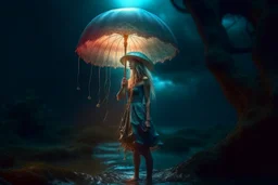 Full Body Shot Of A Young, Slim Woman Covered In rags, standing under a tree, holding an umbrella made from a jellyfish, a glowing ball in her hand, photorealistic, Detailed Matte Painting, Deep Colour, Fantastical, Intricate Detail,