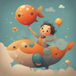 Charming stylized characters. Large heads, big expressive eyes, small, delicate features. Done in the playful and minimalist style of modern children’s book illustration. Diffused outlines, misty, dream-like quality. Colors are warm and subdued illustrating a cheerful demeanor. With a touch of quirkiness. Show me a cute young kid with a balloon in the shape of a big fractal-decoration-covered fish standing on s little planet floating in a sky painted with stars, suns and planets like ones one wo