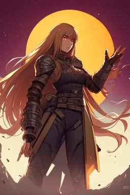 Wagnard Record of Lodoss War, oldschool, insane, ghost in the shell art style, in the art style of Record of Lodoss War, Dark Paladin, standing in front of a sea of red, large moon in the background, Female, light armor, dark ginger long hair, orange eyes