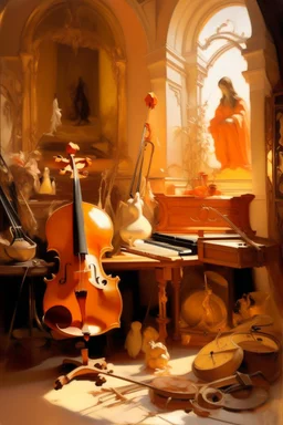 A light rosy orange colored realm with musical instruments and notes painted by John Singer Sargent