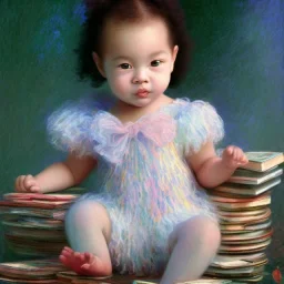 Smart biracial baby girl on pile of books by Monet