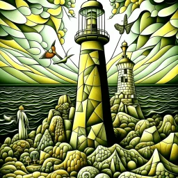 Surreal Cubist Dreamscape; by Picasso, surreal fragmented Wonderland lighthouse, Dali