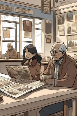Maya memasuki warung kopi yang hangat. Dia memesan secangkir kopi dan duduk di sudut ruangan yang nyaman. Di sebelahnya, seorang kakek tua duduk sambil membaca koran.