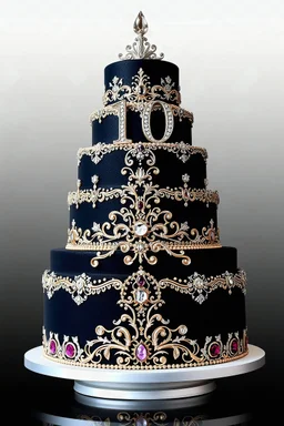 A large, black ornate wedding cake embellished with diamonds, gold and various colorful gemstones, crystals, and other decorative elements, with a number "10" candle on a black background