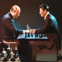 Putin, President Xi Of China And Joe Biden Play Chess between lights and shadow With A Pigeon,And Atomic Bomb Mushroom Cloud,Complex Surgical Instruments Intermixed With A Newborn Boy,Minimalism,Painting By Adrian Ghenie,Rene Magritte,Pablo Picasso,Michelangelo,Salvador Dali,Lucian Freud