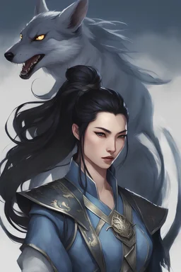asain female warrior mage with long black hair that was pulled back behind her head in a loose ponytail is fighting a magical jackal. The dark hair contrasted and complimented her soft facial features. Below her left eye there is a tattoo of fine lined design that looks like a solid line. She had a fashionable yet practical jacket of a midnight blue overtop a silver steel chest plate and underneath it all a modern cut of mage robes the color of cream with ornate blue edging.