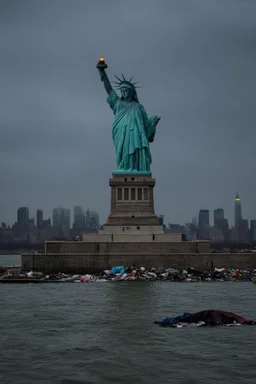 the statue of liberty, dress tattered an torn, her face solemn and terse, trash littered at her feet, the skyline dark and grungy