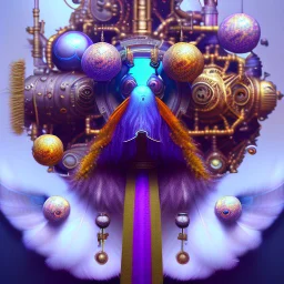 bearded man head with feathers, spheres, cubes, gears, clocks, engine parts, exhaust pipes, fur, peacock feathers, mechanism, in the style of Android Jones, gradient, bioluminescent, rococo, photorealistic, intricate details, 8k, purple and gold, digital painting, top light, illustration, trending on artstation