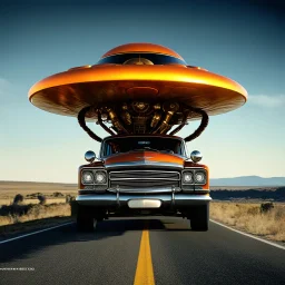 award winning photograph of a steampunk house-fly ufo genetic-splice designed by only one vehicle per image painted metallic orange traveling at a high rate of speed, jet intake off of front center of vehicle and jet exhaust out the rear bilaterally symetrical, more a high speed road vehicle