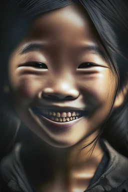 portrait of an asian girl 11 years old, smiling, cinematic photography, epic angle, dark colour tone, hyper-realistic