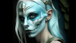 urban fantasy, woman, elf, skull mask, light-blue skin color