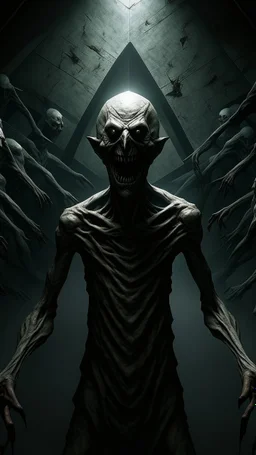 A demonic figure with a triangular body with long arms and creepy small eyes that is floating in a dark room