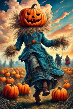 works by Mark Keatley, Josephine Wall, Ellen Jewett, Dan Mumford Cayenne, Victoria Francis. dancing scarecrow with a scary pumpkin head in a field with scarecrows, High Definition HD, High Detail, UHD Pen and Ink Art, Perfect Composition, Detailed Intricacy, Crazy Octane Rendering, Trending on Artstation, 8k Fine Art Photography, Photorealistic Concept Art , soft thoughts, 3D cinematic perfect light, 3D rendering, famous, unforgettable., photo, poster, cinematic