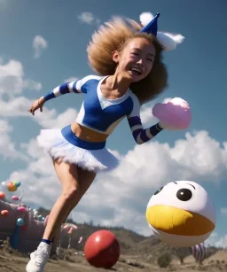 Ultra realistic speed clouds sky scene, wide angle view, cheerleader teenager falling down with many Children background, inflatable monsters, circus dress style, feather color, free jumping flying, many trinkets, hair monster, many jelly beans, balls, color smoke, smile, happy, extreme, wind, clouds sea, 20,000 feet altitude, stratosphere, soft color, highly detailed, unreal engine 5, ray tracing, RTX, lumen lighting, ultra detail, volumetric lighting, 3d, finely drawn, high definition.