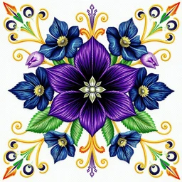 "Generate a symmetrical floral embroidery featuring a royal purple flower with silver highlights, framed by navy blue blossoms, soft green leaves, and golden ornamental swirls."